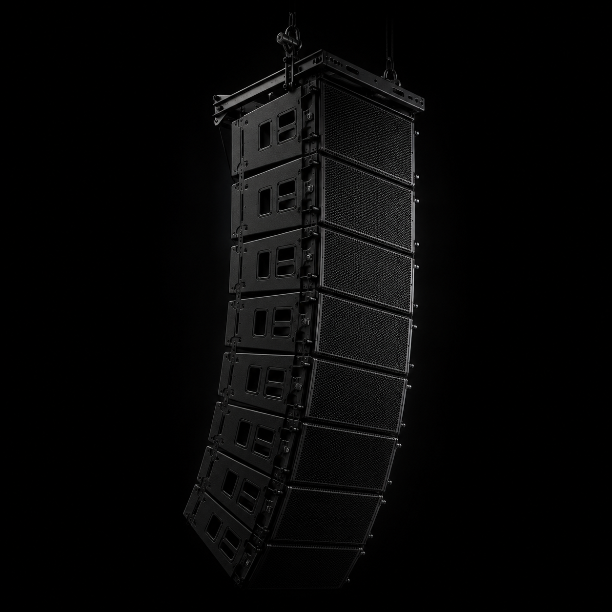 Professional line array speaker system suspended from rigging for live event audio production