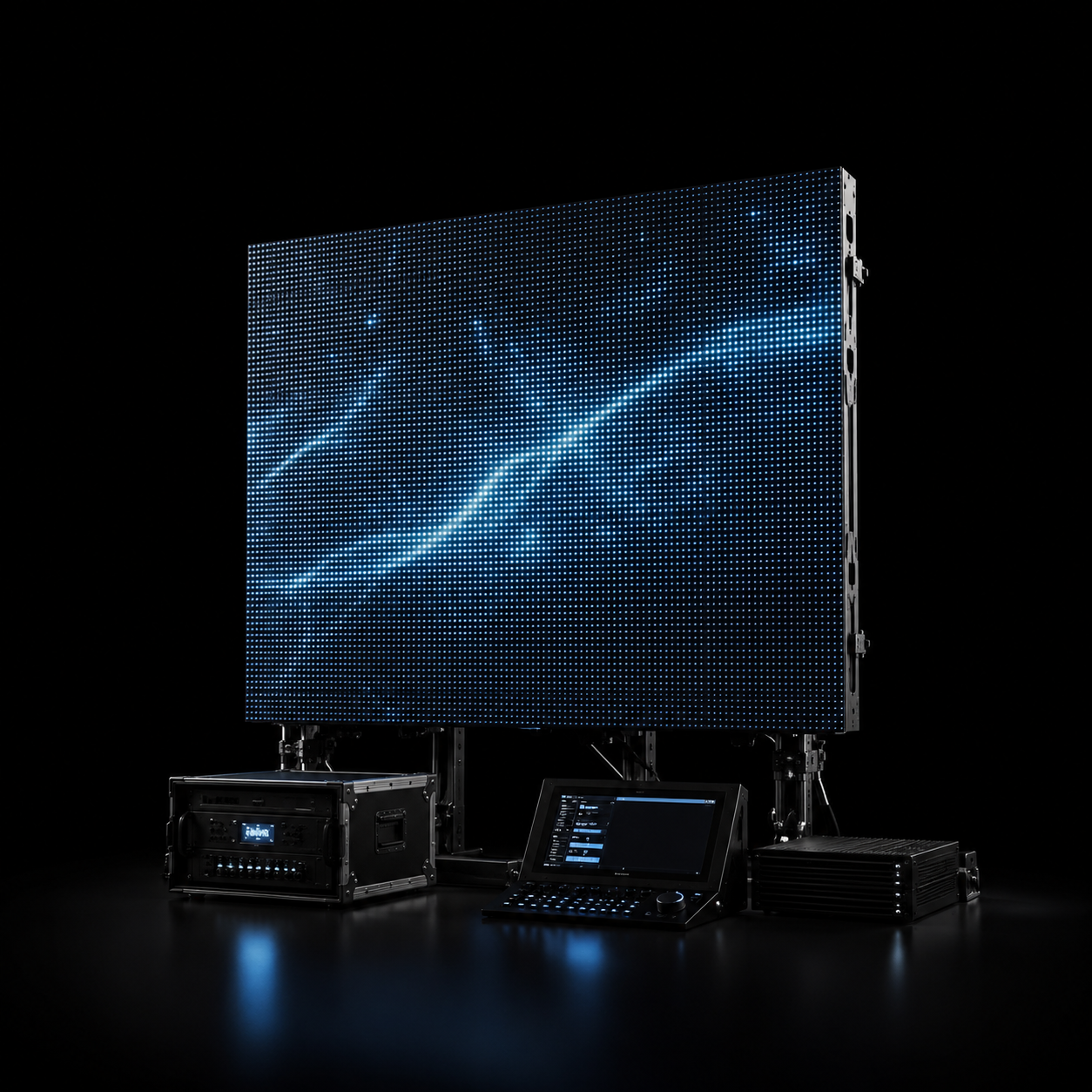 LED video wall panel with control consoles displaying blue digital content for event video production