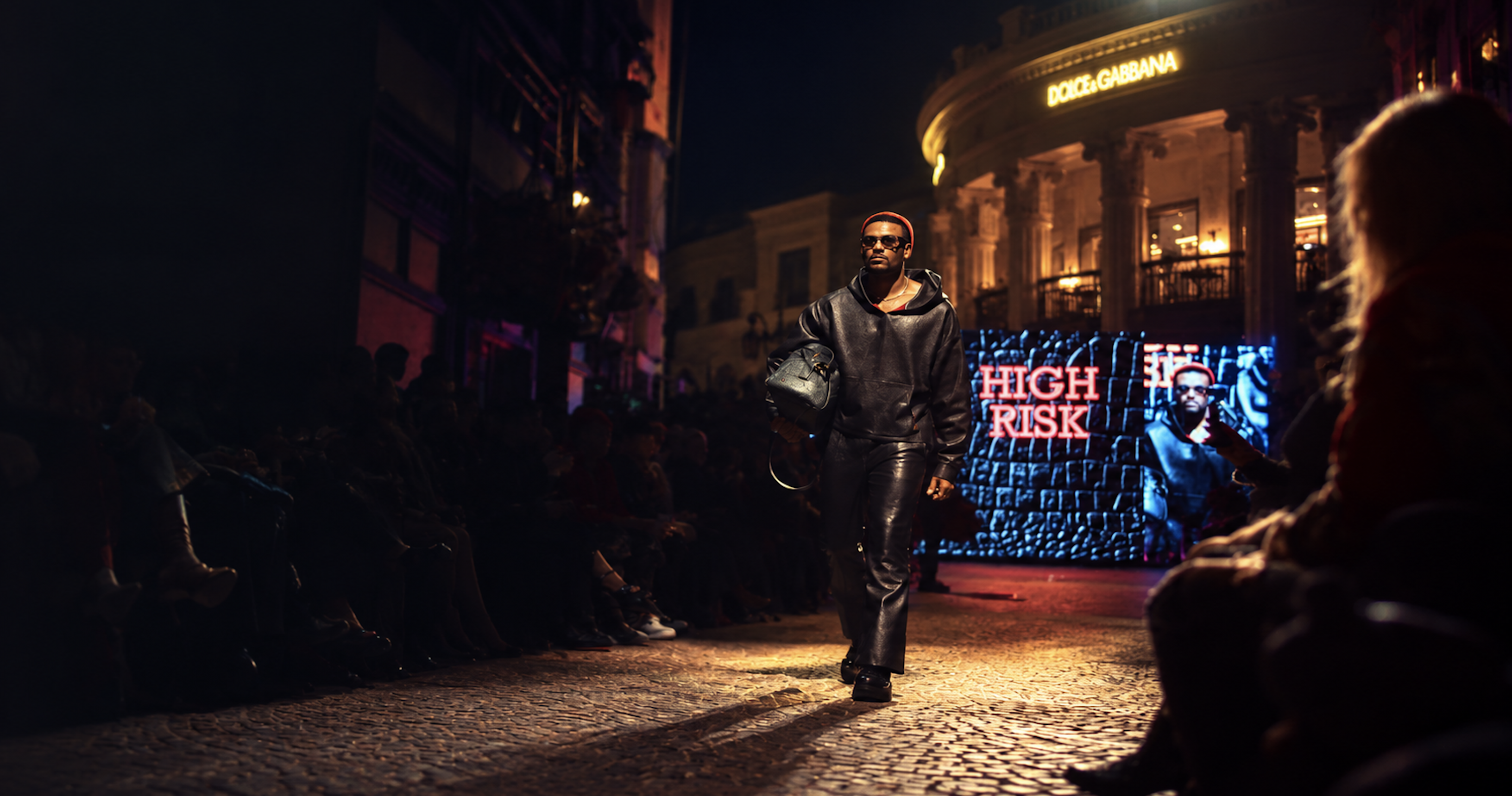 Male model in a leather outfit walking down a cobblestone runway at a nighttime fashion show event, with the Dolce & Gabbana building and High Risk signage in the background. Live Pros fashion show and runway production.