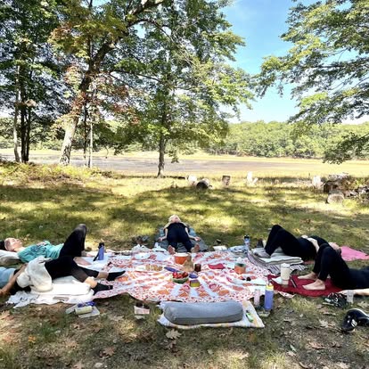 Women gathered together on a picnic tapestry in the woods