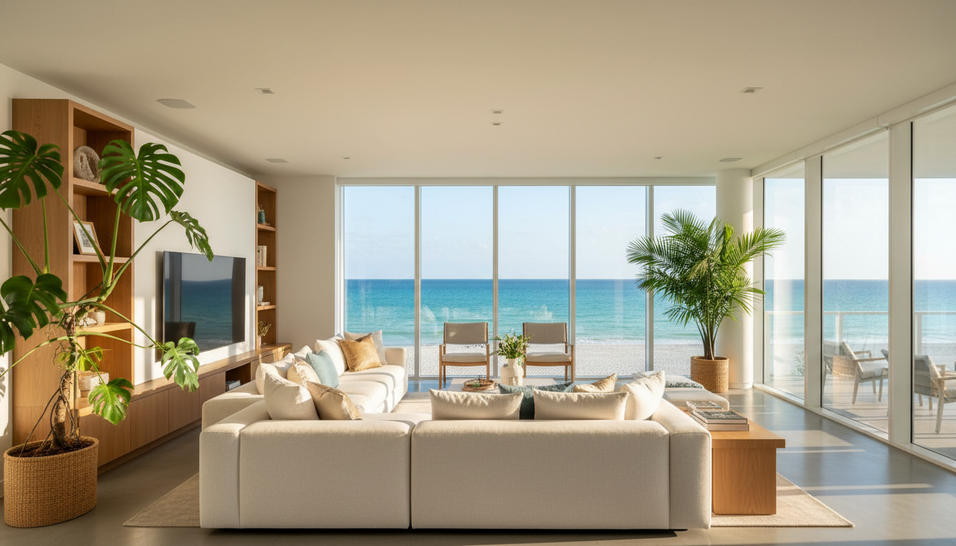 Pristine luxury Airbnb living room with ocean view