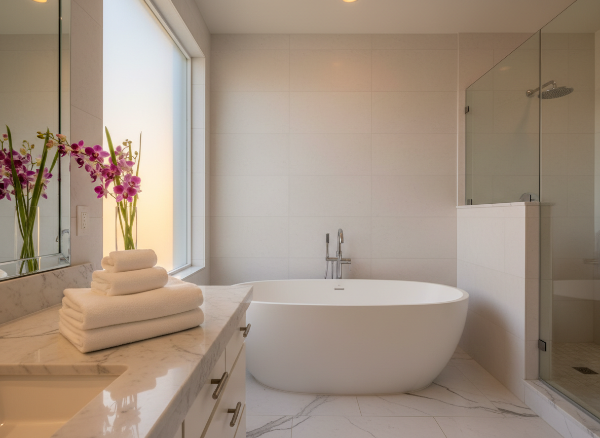 Pristine bathroom with perfectly folded white towels and orchid flowers