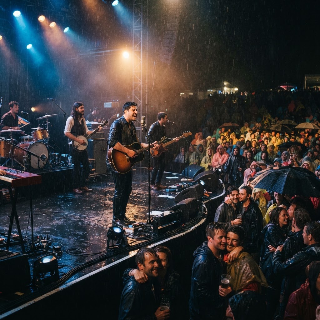 Mumford and Sons faz folk rom�ntico para casais sob chuva