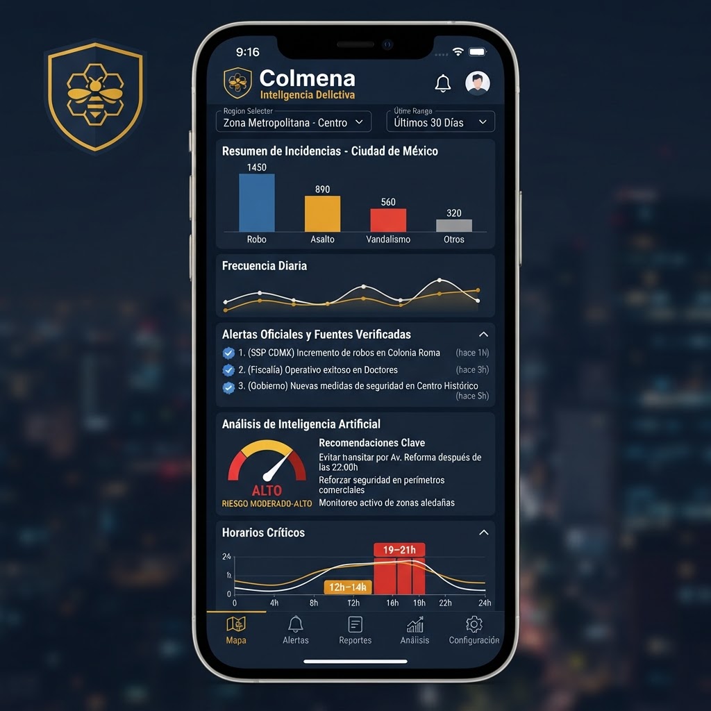 Captura del módulo Inteligencia Delictiva en la app Colmena