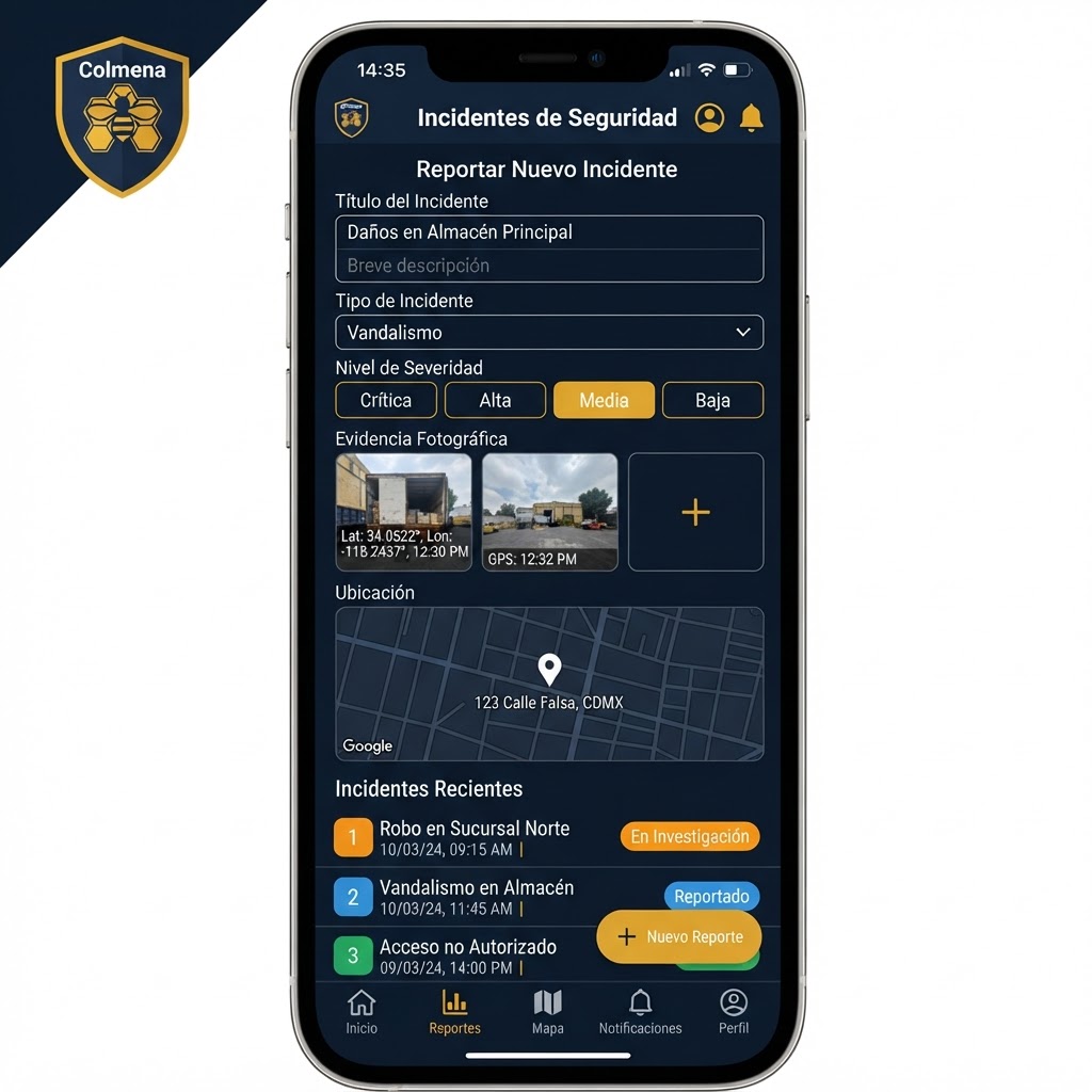 Captura del módulo Incidentes de Seguridad en la app Colmena