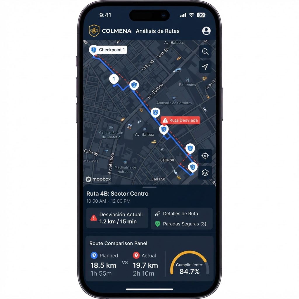 Captura del módulo Análisis de Rutas en la app Colmena