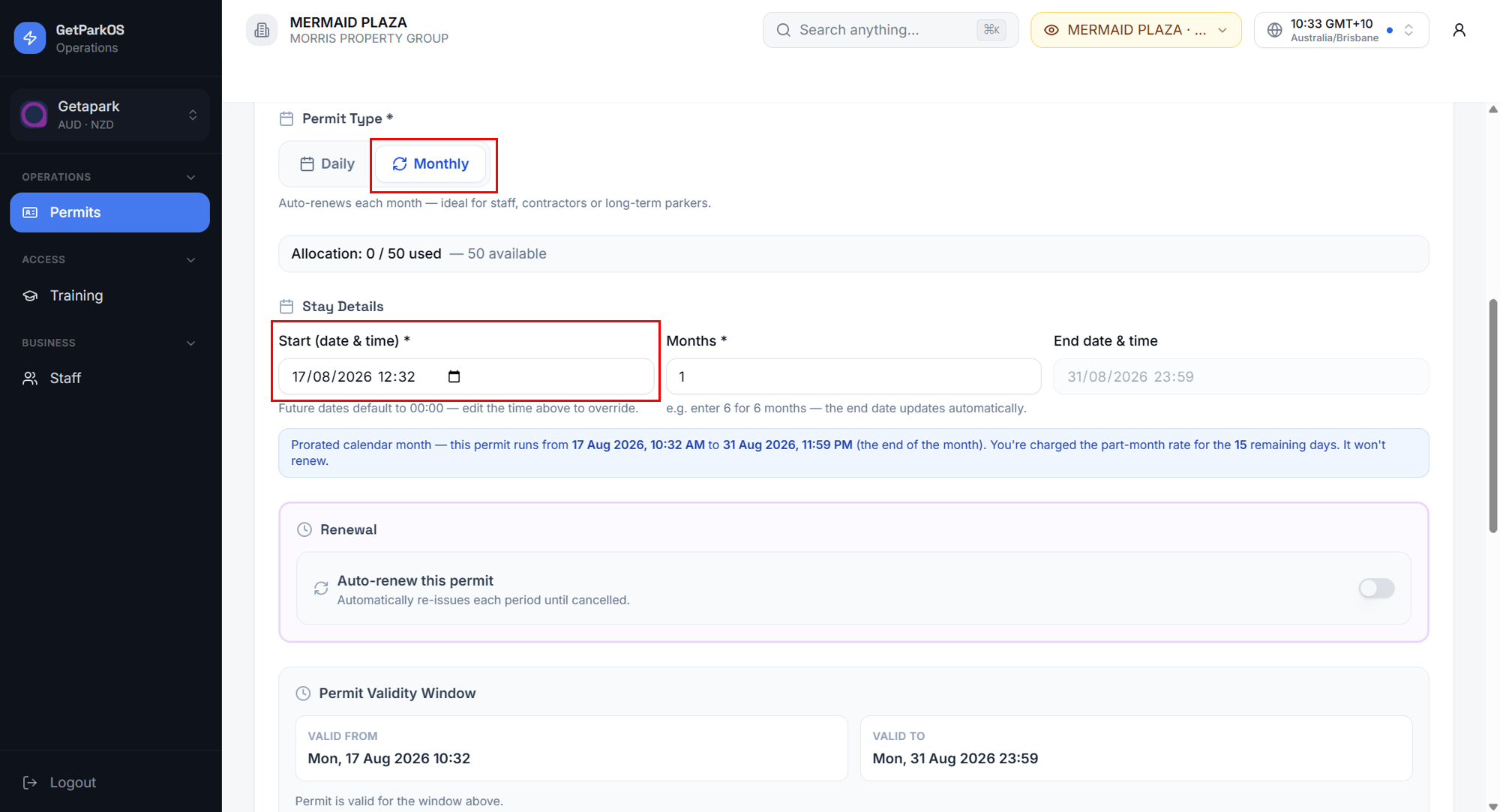 Product, permit type, stay details and validity window