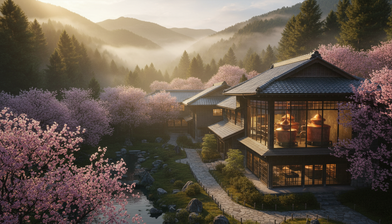 Japanese whisky distillery in misty mountain valley