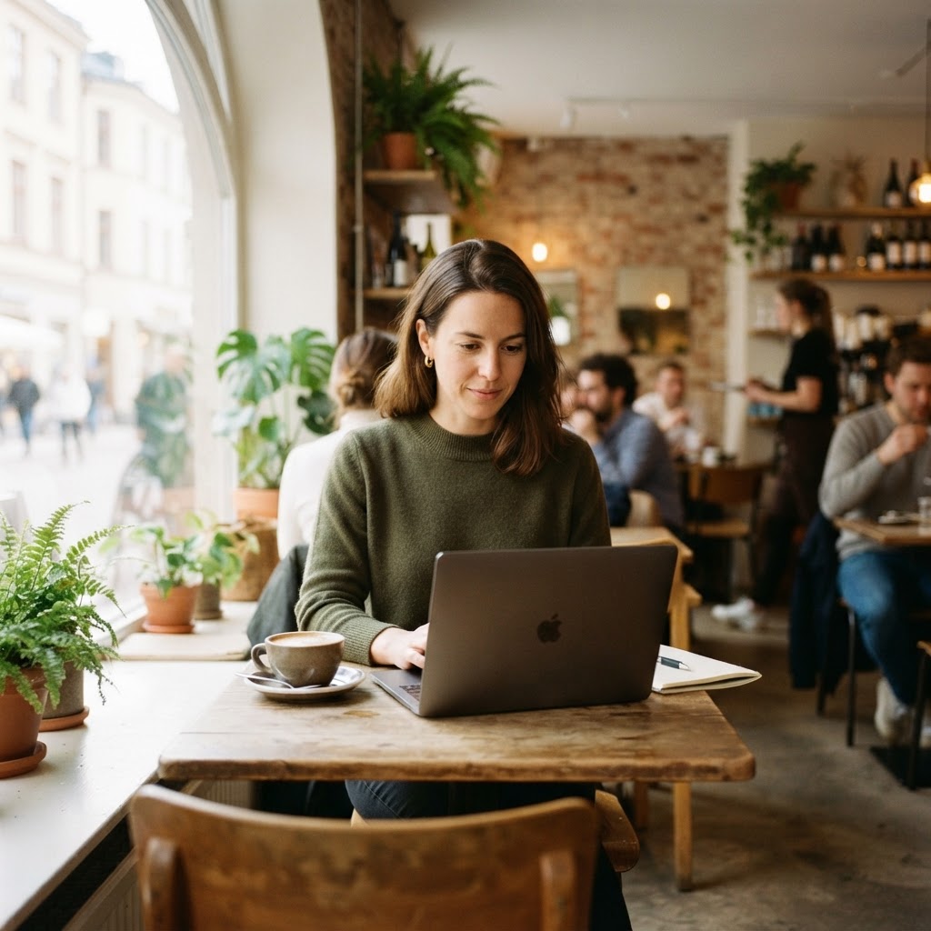 Frau arbeitet in einem Café an ihrer Website