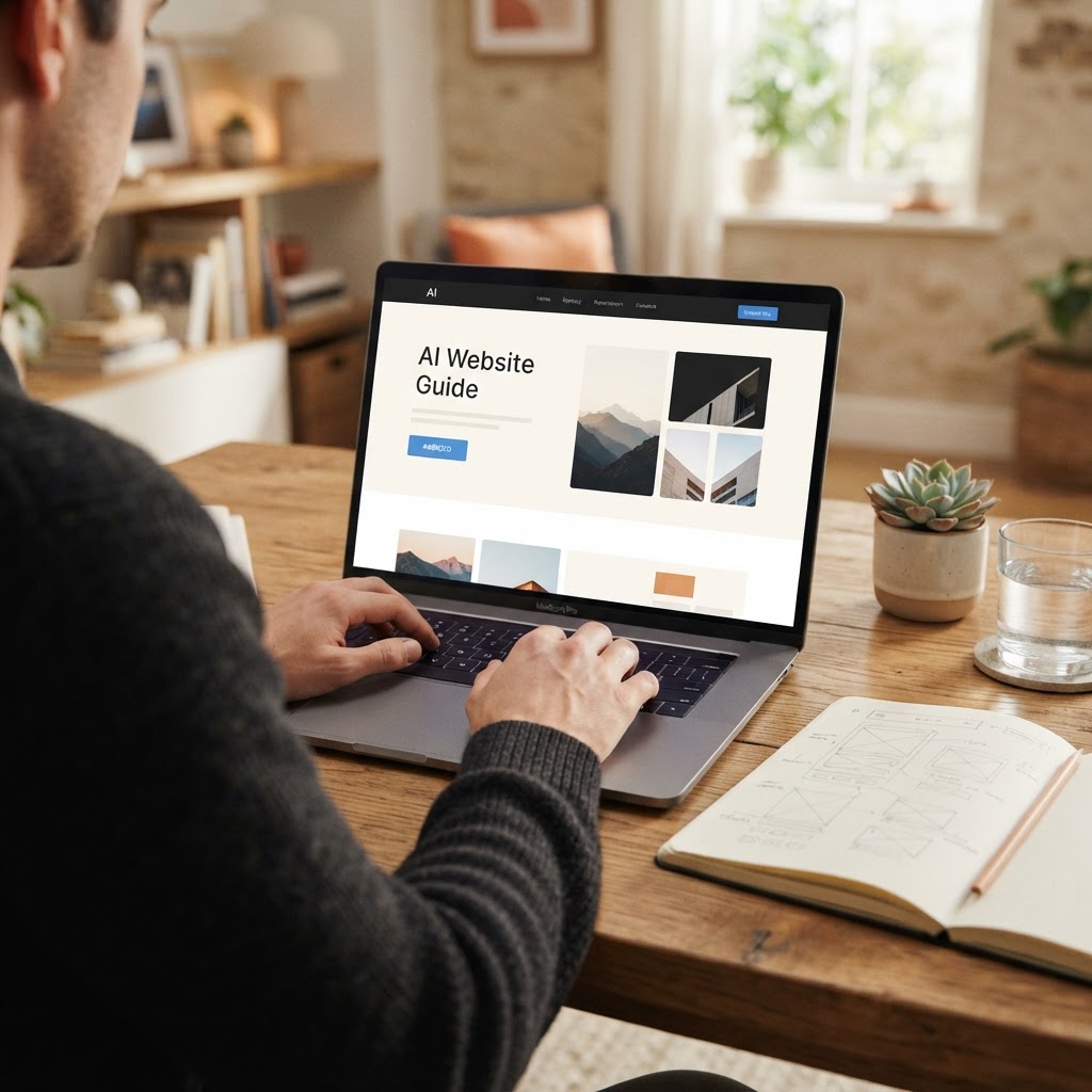 Laptop mit einem Website-Entwurf neben handgezeichneten Seitenskizzen auf einem Schreibtisch