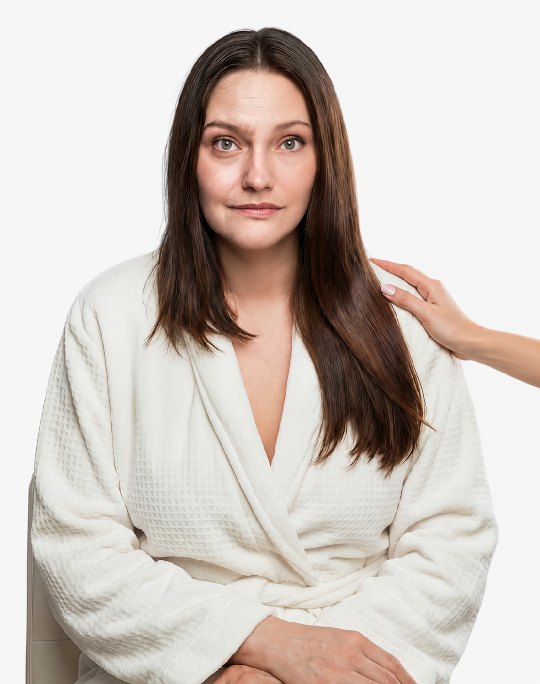 Woman in white bathrobe receiving a beauty treatment, representing confidence and self-care