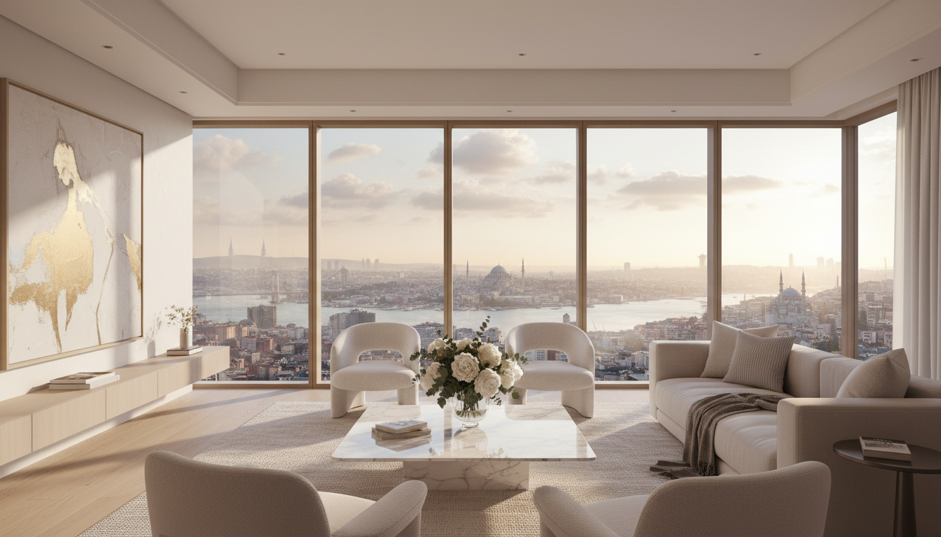 Luxury apartment interior with a view of a beautiful European city