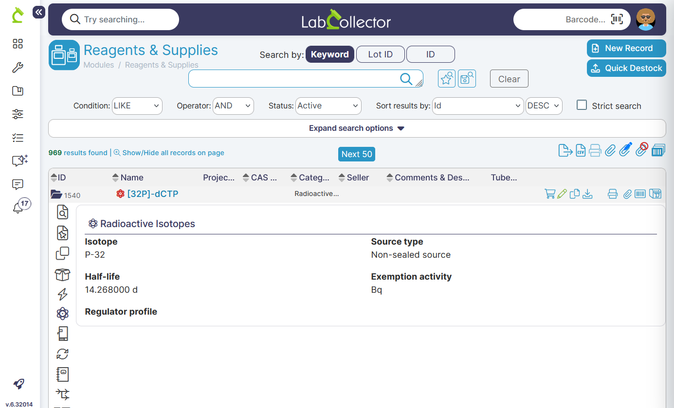 LabCollector Reagents & Supplies — radioactive isotope tracking detail for [32P]-dCTP showing isotope P-32, non-sealed source, half-life 14.268 d, exemption activity and regulator profile.