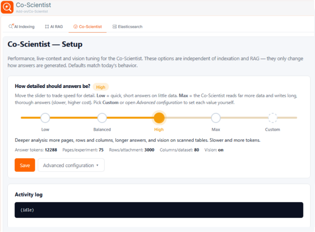 Co-Scientist setup — tune how detailed answers should be, from Low to Max.