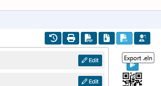 LabCollector ELN action bar — the highlighted 'ELN' button with the 'Export .eln' tooltip, used to export a notebook as an ELN Consortium .eln archive.