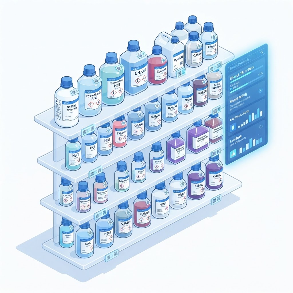 Laboratory chemical reagent bottles tracked in LabCollector inventory