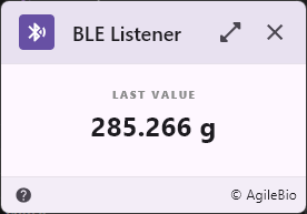 BLE Listener widget displaying a live weight reading of 285.266 g.