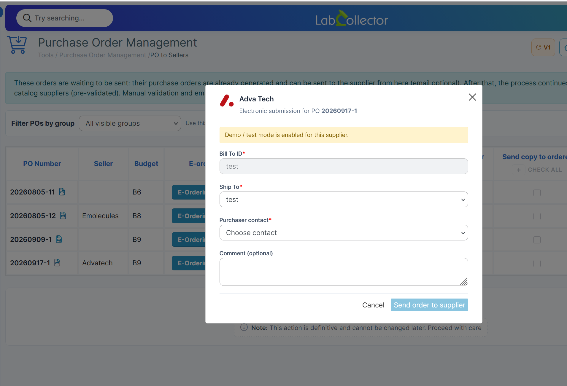 LabCollector Purchase Order Management — electronic submission modal for an Advatech purchase order, showing Bill To ID, Ship To, purchaser contact, and the 'Send order to supplier' button.
