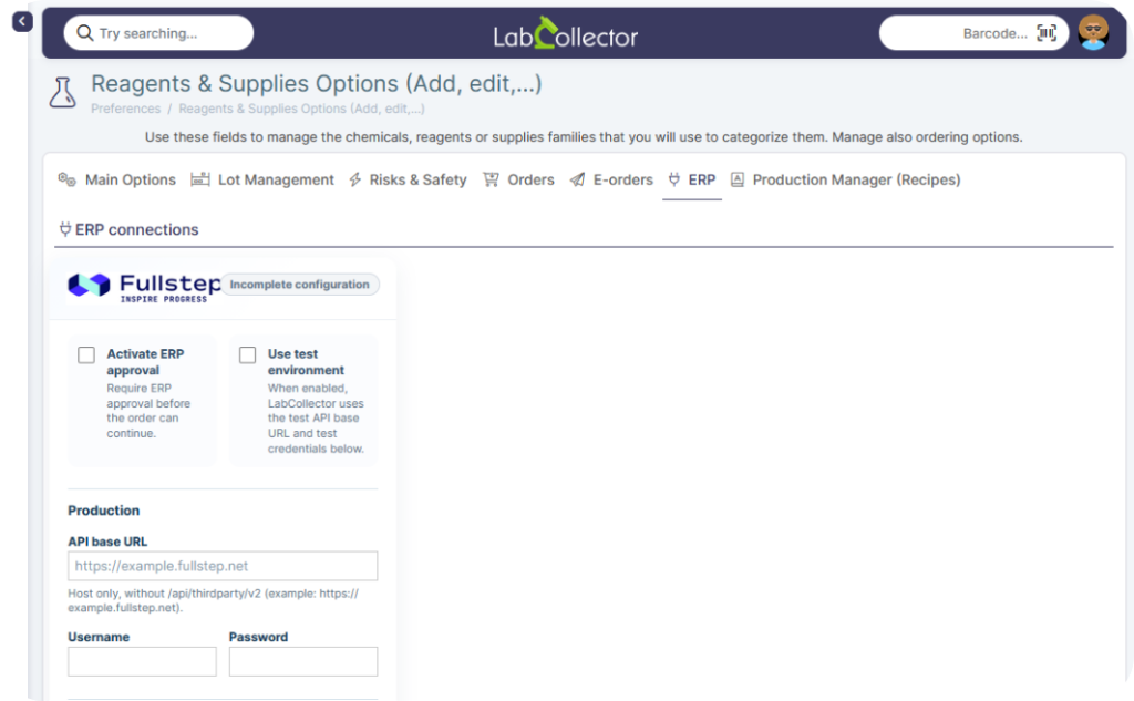 ERP Fullstep integration — activate ERP approval and connect the test or production environment.