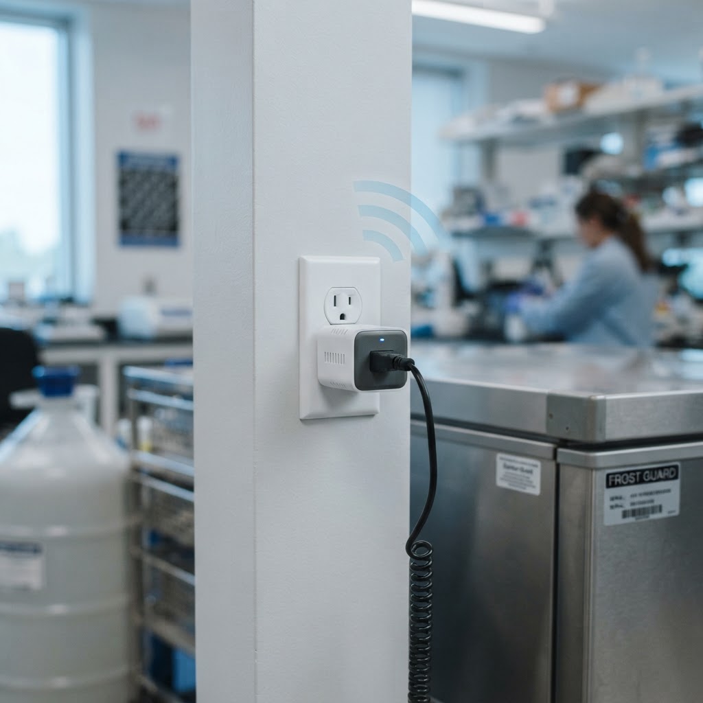 A Shelly power monitoring plug connected to a wall socket beside laboratory equipment, transmitting power consumption data wirelessly to LabCollector Data Logger.