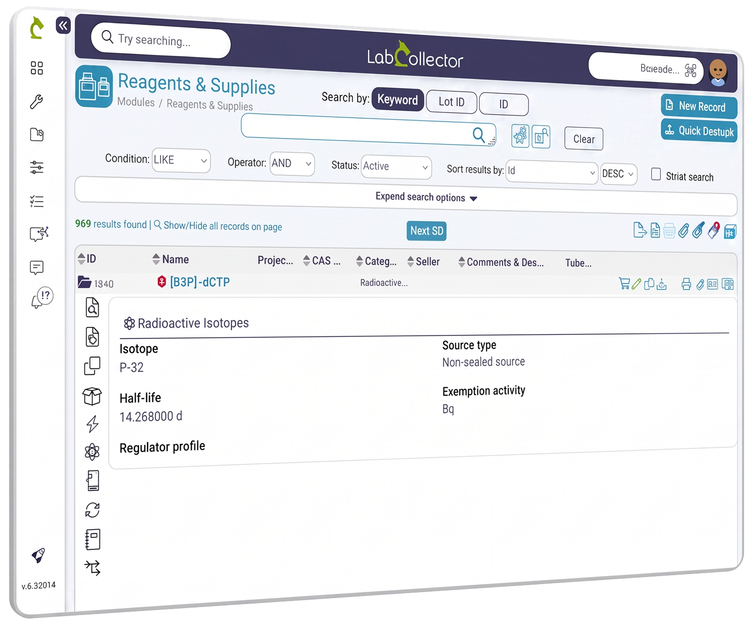 LabCollector v6.34 — Reagents & Supplies module with dedicated radioactive isotope tracking (isotope, source type, half-life, exemption activity and regulator profile).