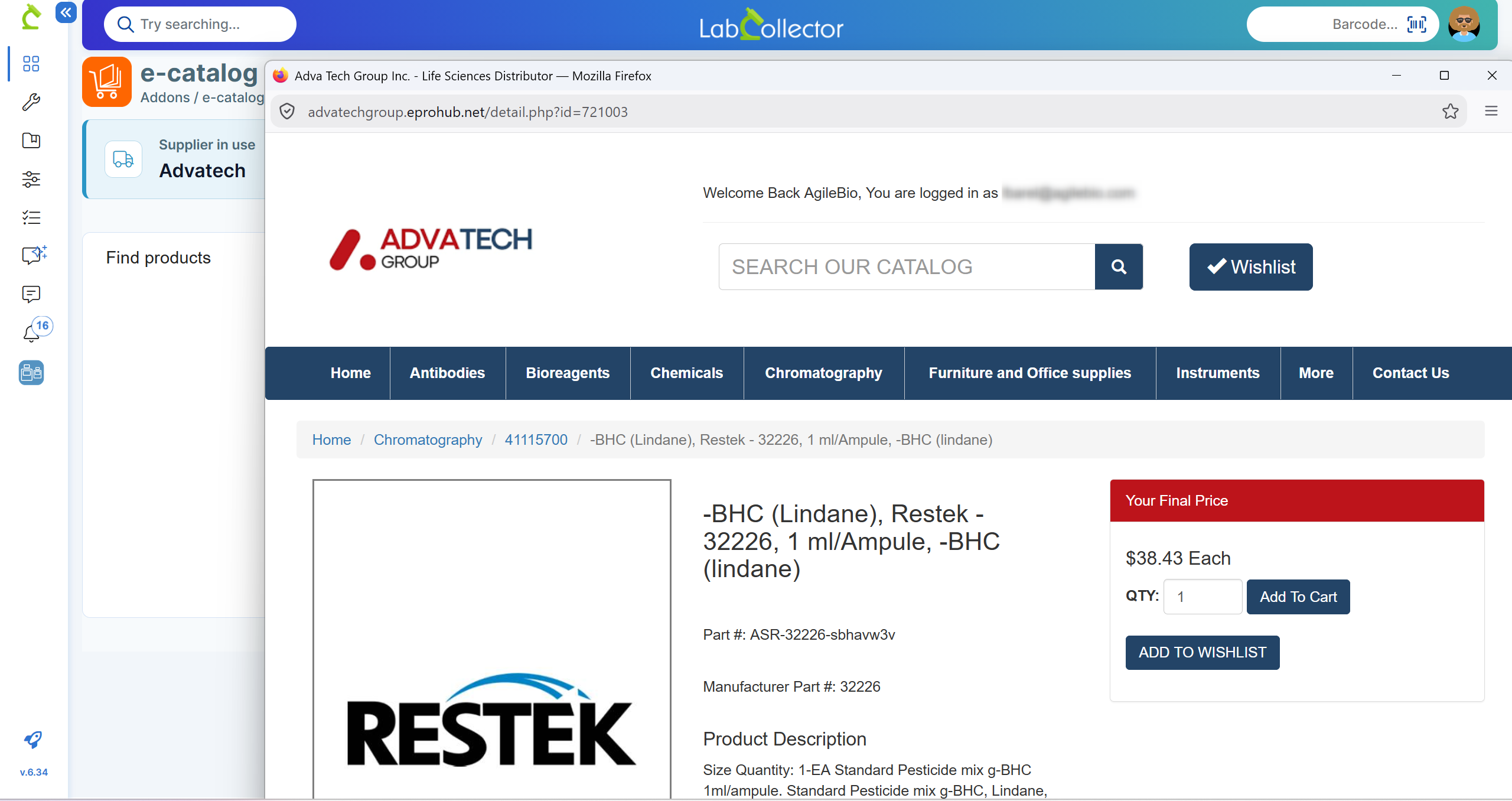 LabCollector e-catalog add-on displaying the Advatech punch-out supplier portal — researchers browse the Advatech product catalog, view pricing, and add items to their cart directly within LabCollector.