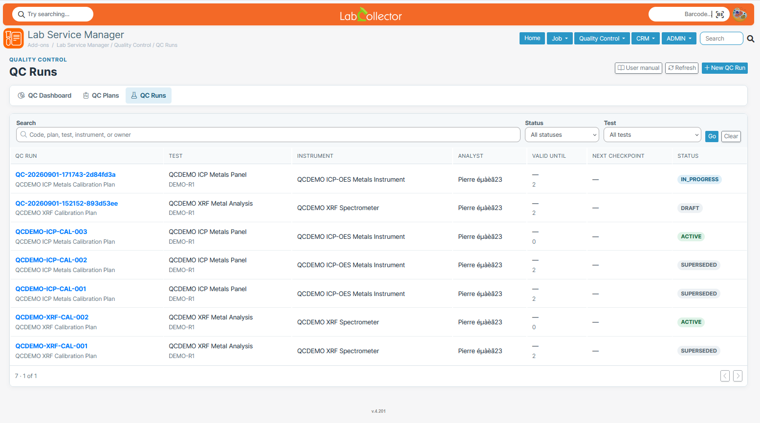 QC Runs list — runs with IN_PROGRESS, DRAFT, ACTIVE and SUPERSEDED statuses