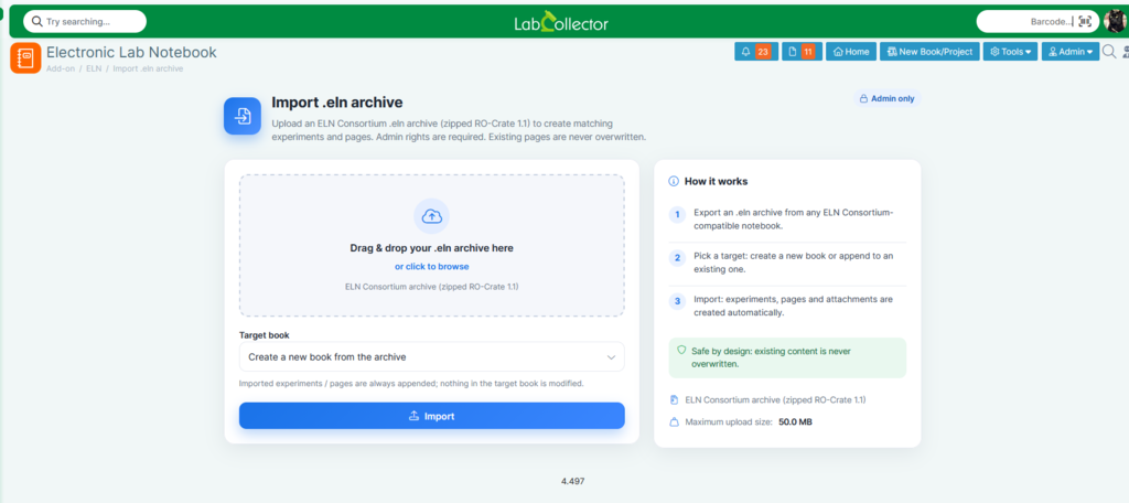 LabCollector ELN — Import .eln archive interface with drag-and-drop upload, target book selection, and a 'How it works' sidebar explaining the three-step import process.