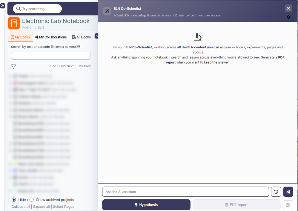 ELN Co-Scientist — scientific reasoning and search across all ELN content you can access.