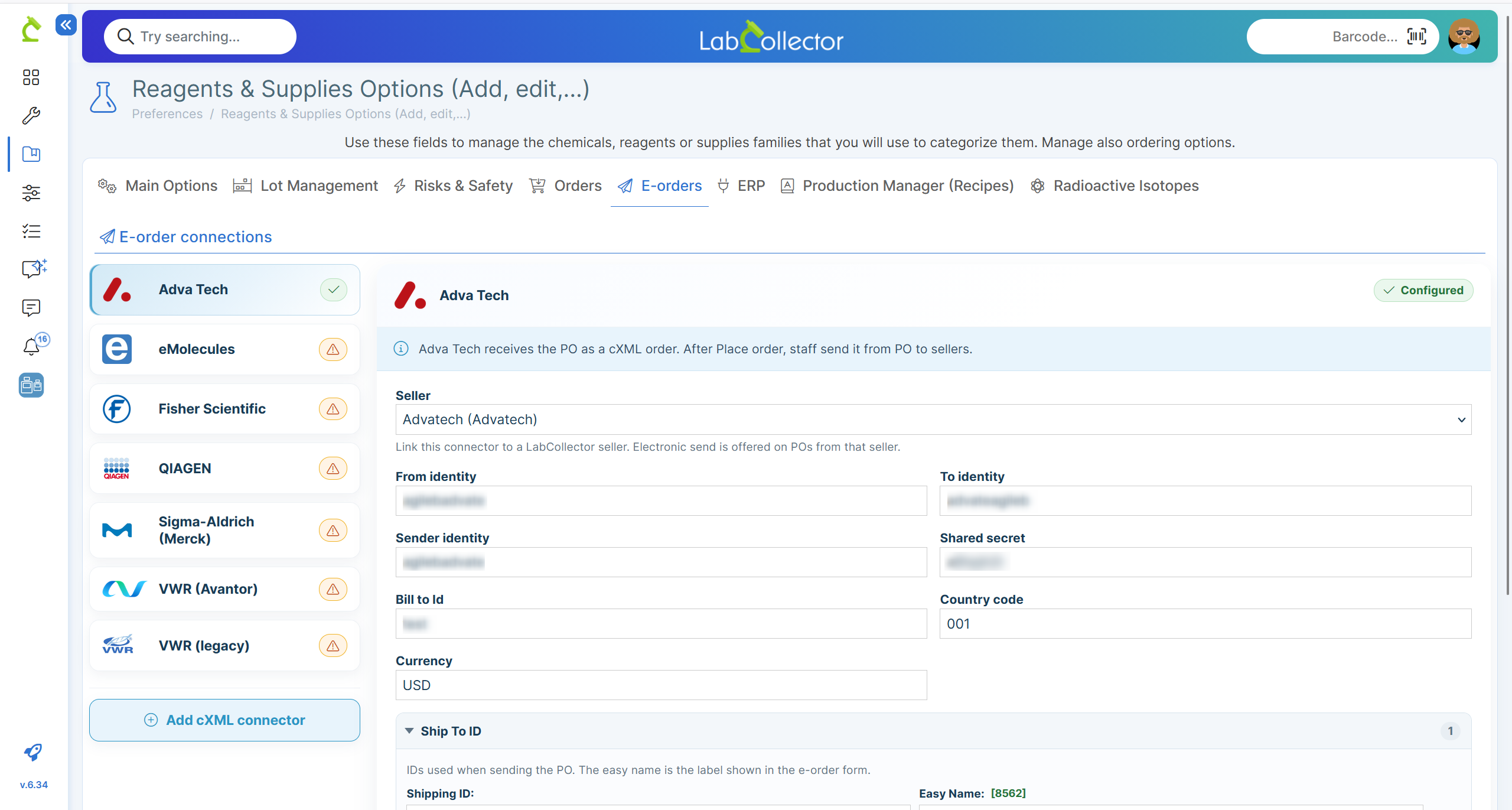 LabCollector E-orders module — Advatech cXML connector configuration screen showing seller selection, identity fields, shared secret, currency, country code, and Ship To ID panel.