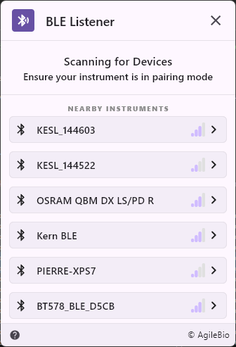 BLE Listener scanning for nearby Bluetooth instruments in pairing mode.