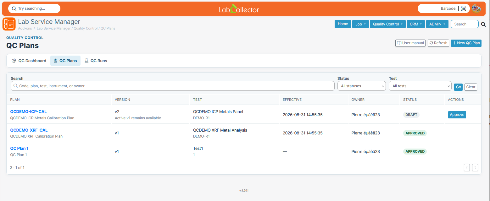 QC Plans module in Lab Service Manager — version-controlled plans with draft and approved statuses