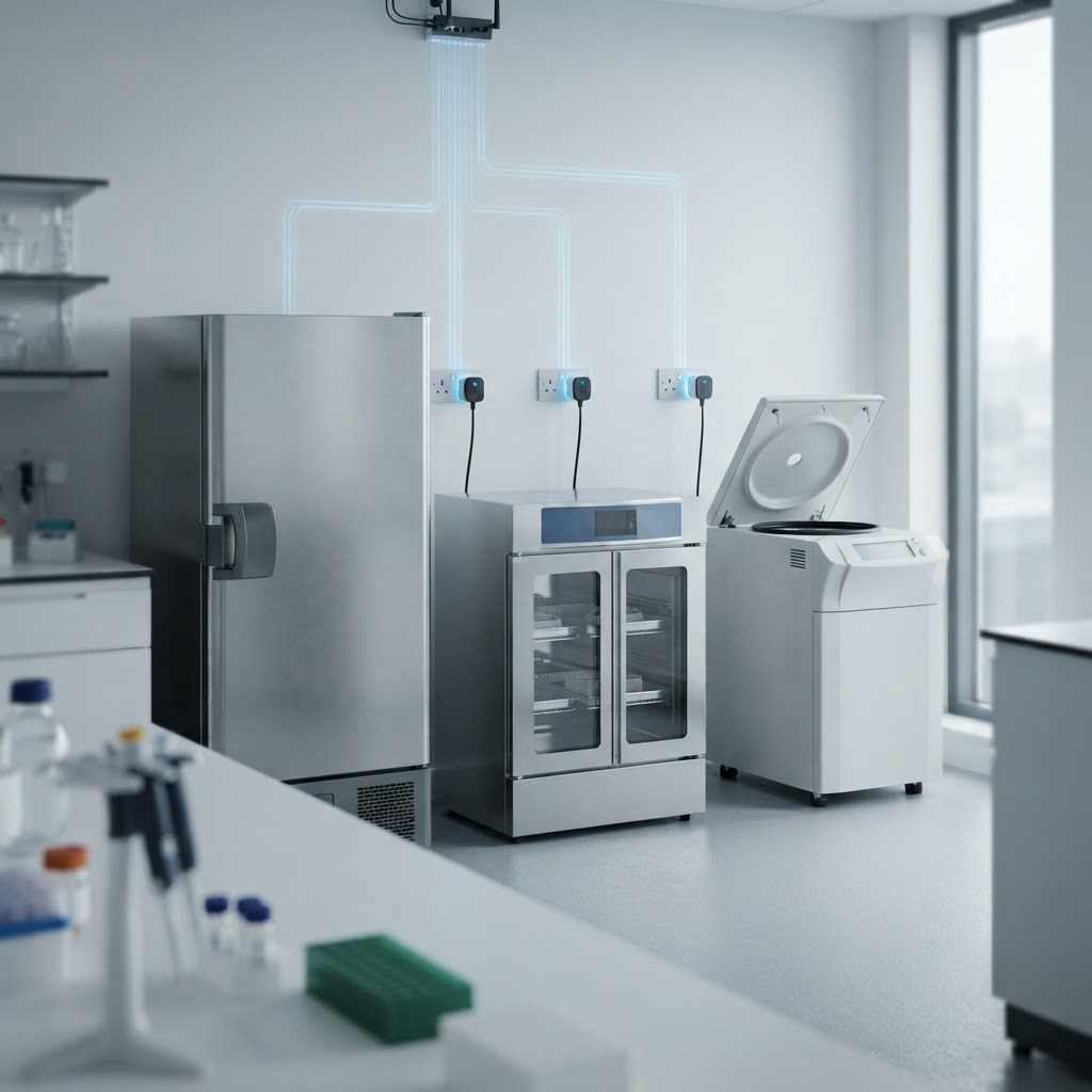 Laboratory instruments connected through monitored power plugs, feeding live energy data into LabCollector Data Logger.