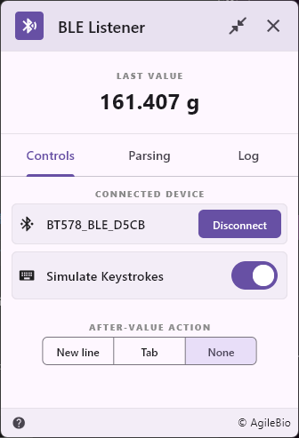 BLE Listener Controls tab showing the connected device, keystroke simulation toggle and after-value action.