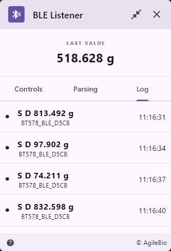 BLE Listener Log tab listing captured weight measurements with device name and timestamp.