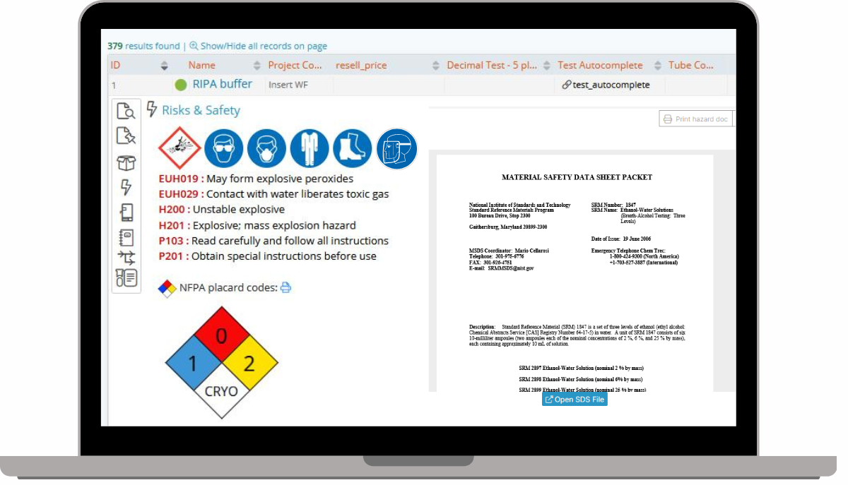 LabCollector chemical safety compliance dashboard for OSHA and EU standards