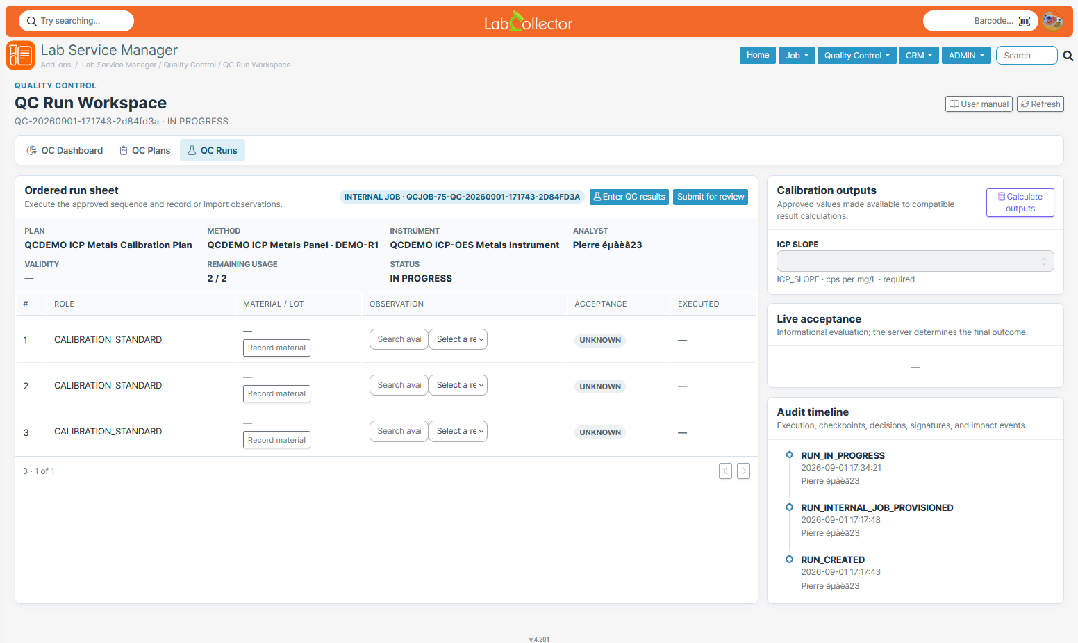 QC Run Workspace — ordered run sheet with calibration outputs and audit timeline