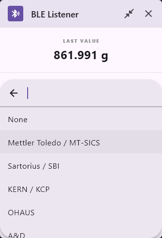 BLE Listener instrument protocol selection list including Mettler Toledo, Sartorius, KERN, OHAUS and A&D.
