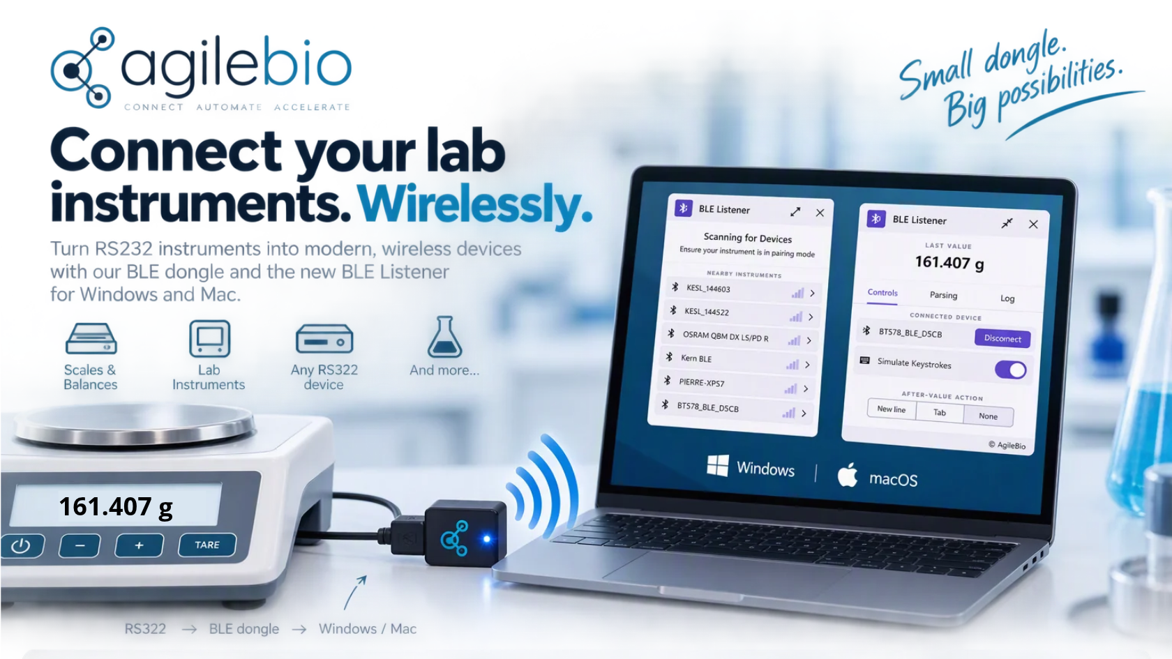 AgileBio BLE Dongle and BLE Listener software turning an RS232 lab scale into a wireless device that streams measurements to a Windows or macOS computer.