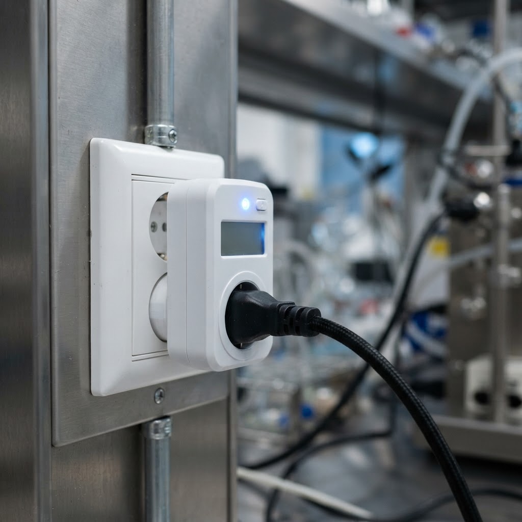 A monitored power plug installed between a laboratory wall socket and a piece of equipment's power cable.