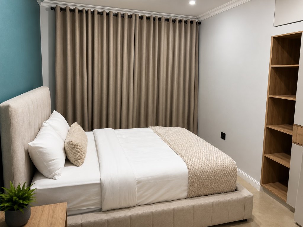 Neutral bedroom with curtains