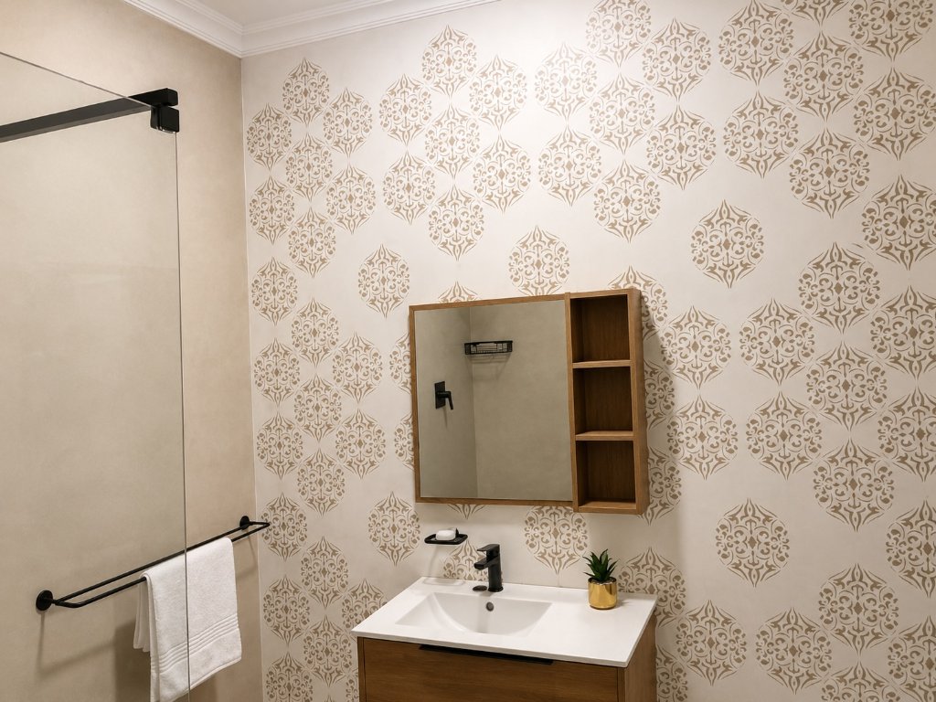 Bathroom with patterned wall