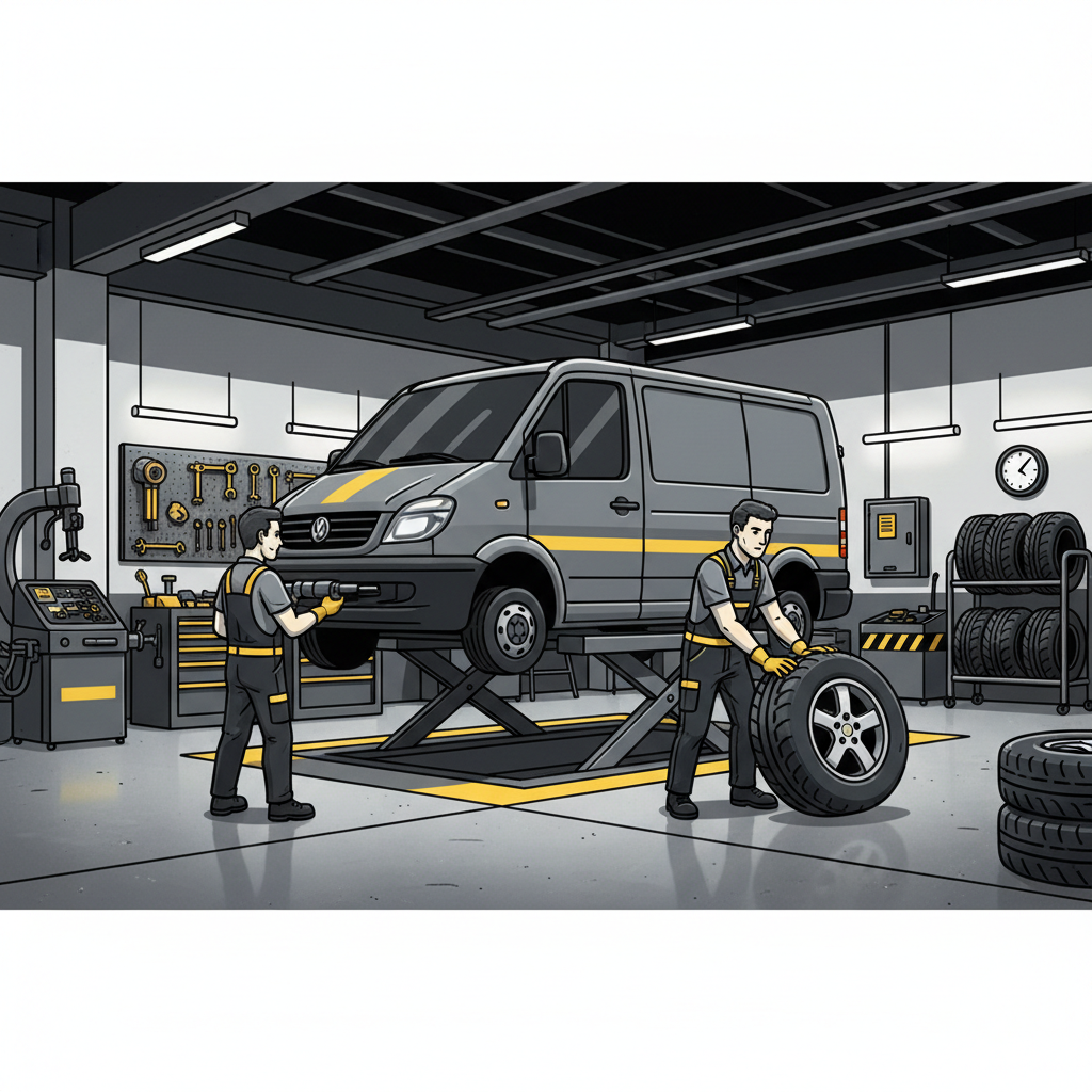 Professional tyre workshop fitting van tyres