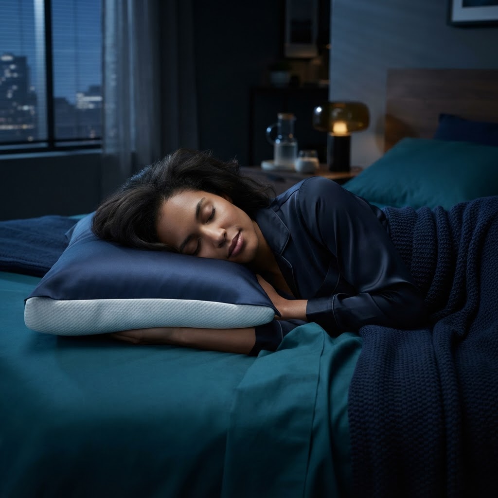 An adult sleeping peacefully on a cooling pillow in a dark modern bedroom