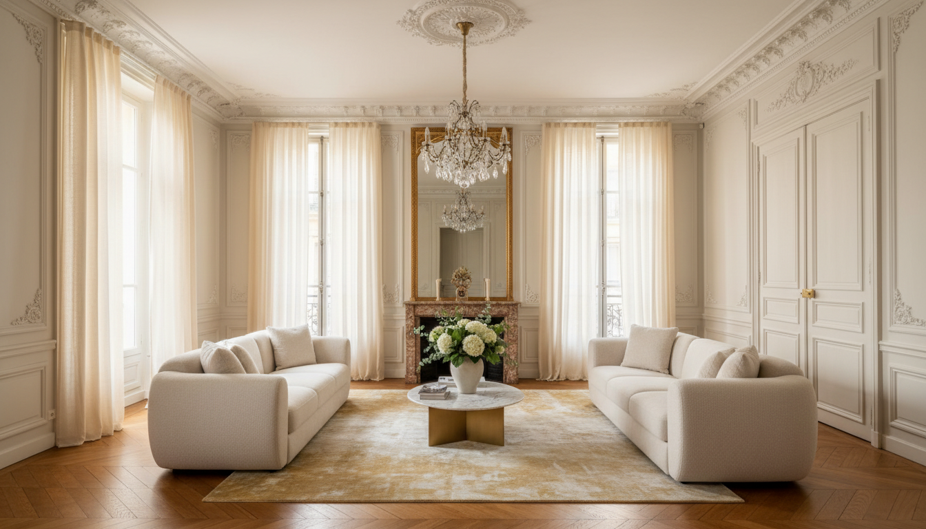 Salon appartement luxe rénové par MG Patrimoine — résultat final avec parquet Versailles et moulures dorées