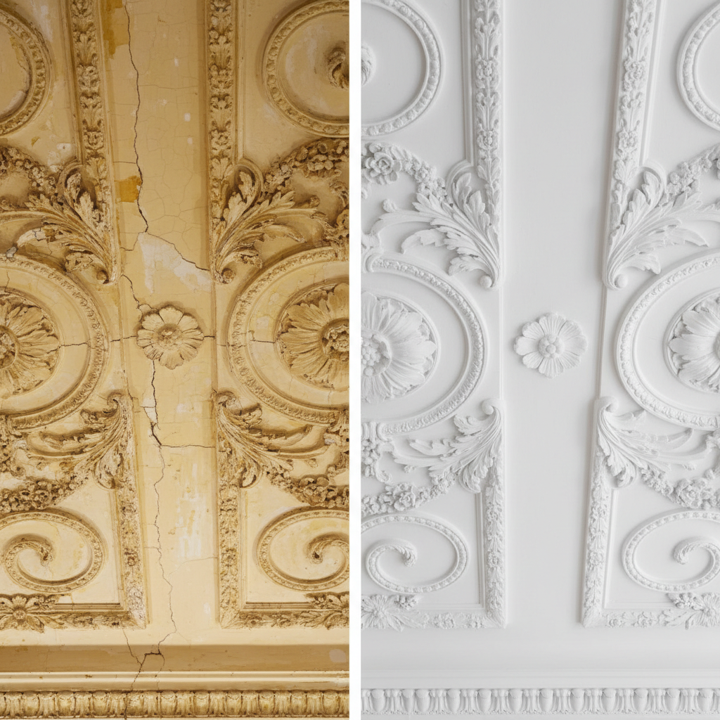 Restauration plafond ornemental appartement Haussmannien Paris 8ème — staff et dorures MG Patrimoine