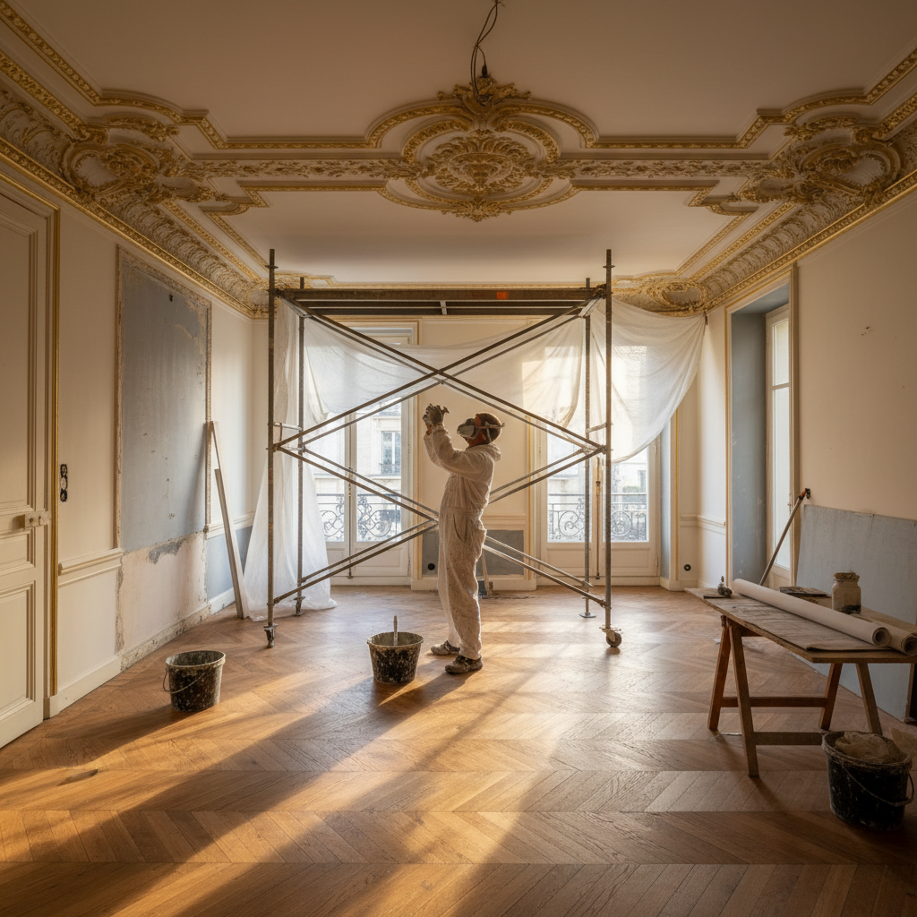Chantier rénovation appartement Paris 9ème — artisan MG Patrimoine posant moulures Haussmanniennes ornementales