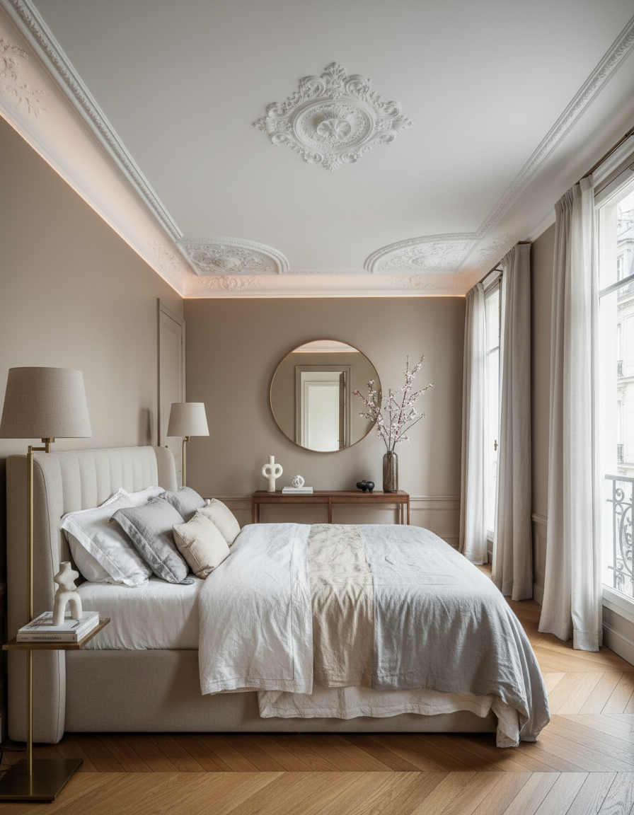 Chambre rénovée avec soin par MG Patrimoine — moulures restaurées, éclairage architectural chaleureux dans appartement Parisien