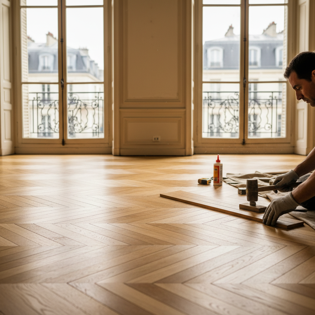Pose parquet chêne massif en arête de poisson — artisan parqueteur MG Patrimoine à Paris 7ème