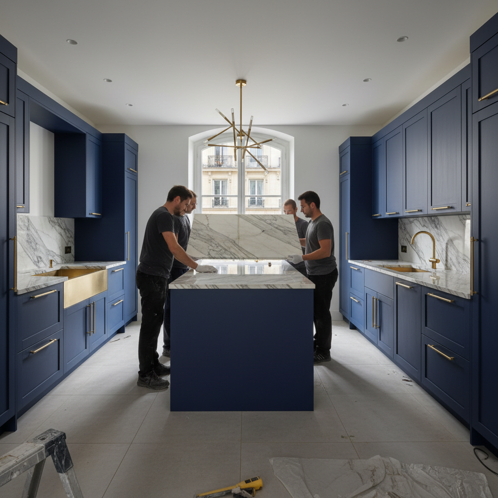 Chantier cuisine sur-mesure en marbre de Carrare — installation ilôt central à Neuilly-sur-Seine
